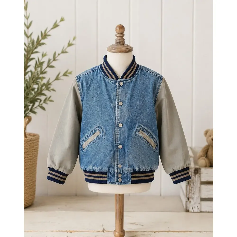Old Navy VNTG denim Jacket Childs 8 Varsity Bomber Coat Cotton Denim Button